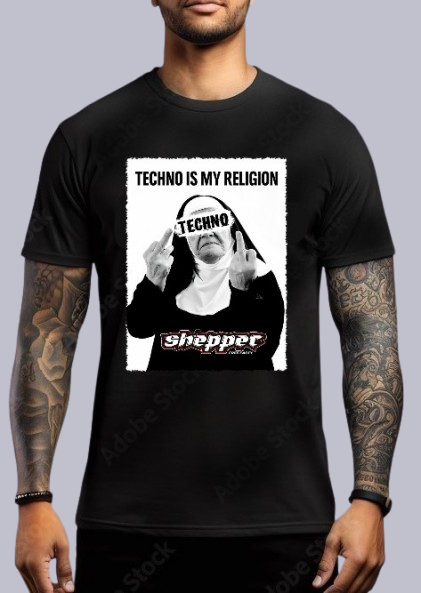 TEE-SHIRT RAVE modèle TECHNO IS MY RELIGION (impression Devant)