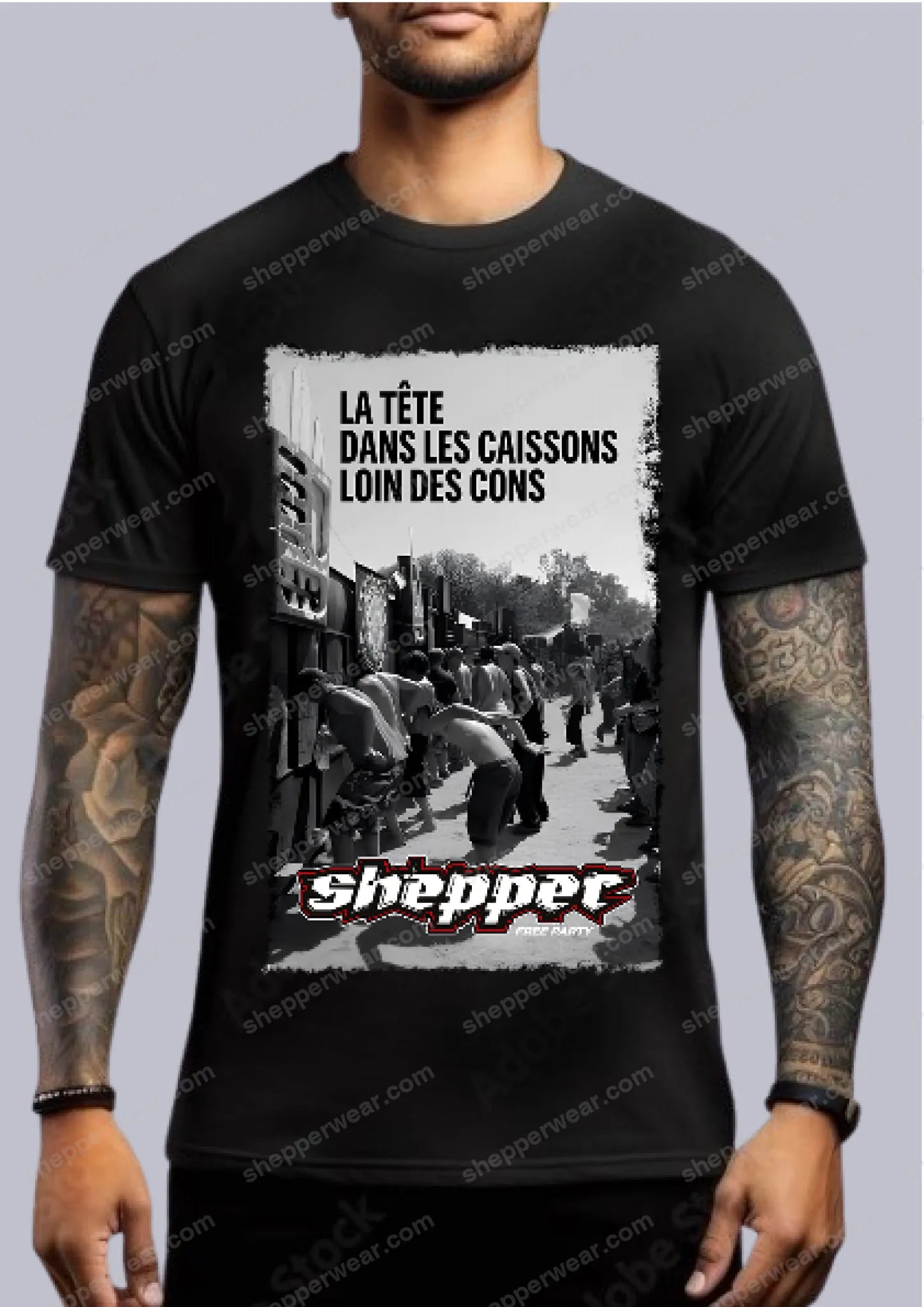 TEE-SHIRT RAVE modèle LA TETE DANS LES CAISSONS (impression Devant) - TEE-SHIRT IMPRESSION DEVANT